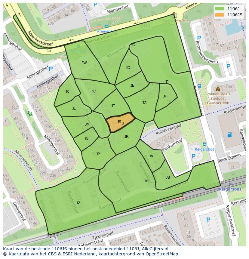 Afbeelding van het postcodegebied 1106 JS op de kaart.