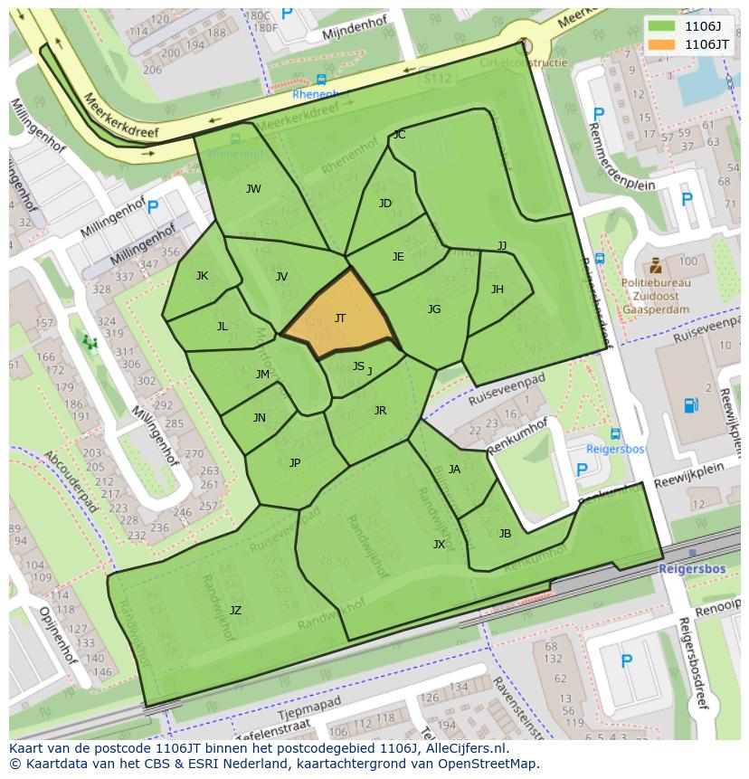 Afbeelding van het postcodegebied 1106 JT op de kaart.