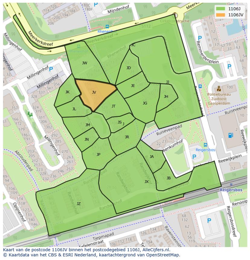 Afbeelding van het postcodegebied 1106 JV op de kaart.