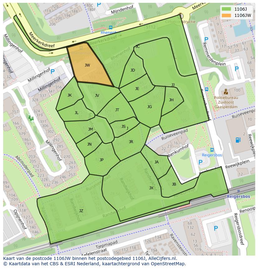 Afbeelding van het postcodegebied 1106 JW op de kaart.