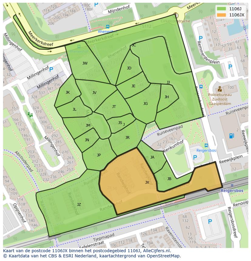Afbeelding van het postcodegebied 1106 JX op de kaart.