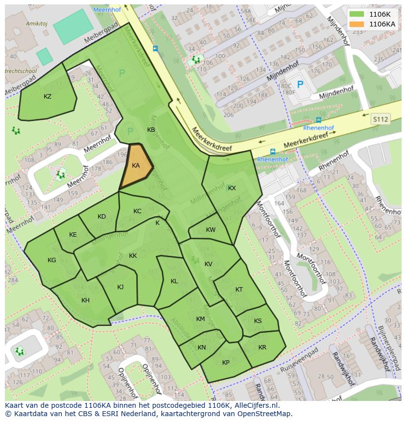 Afbeelding van het postcodegebied 1106 KA op de kaart.