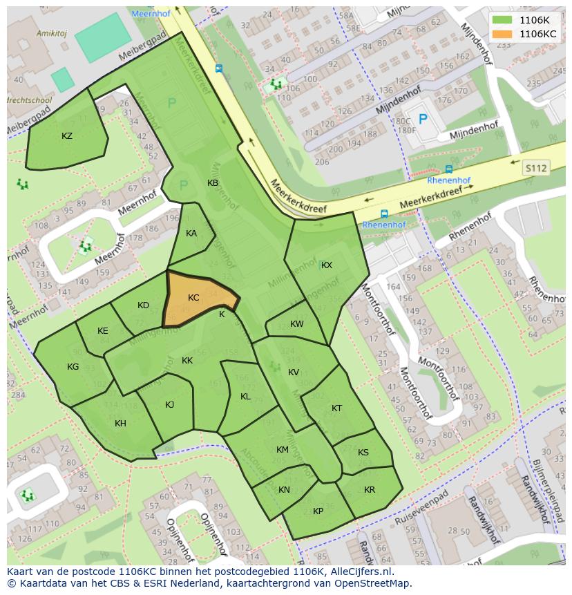Afbeelding van het postcodegebied 1106 KC op de kaart.