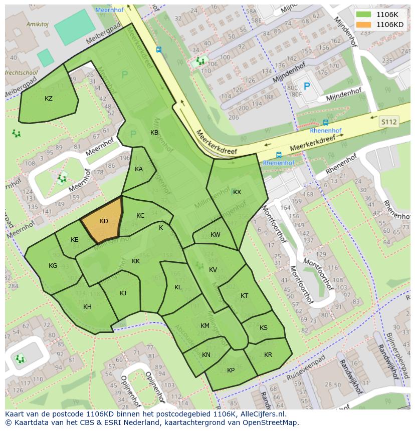 Afbeelding van het postcodegebied 1106 KD op de kaart.