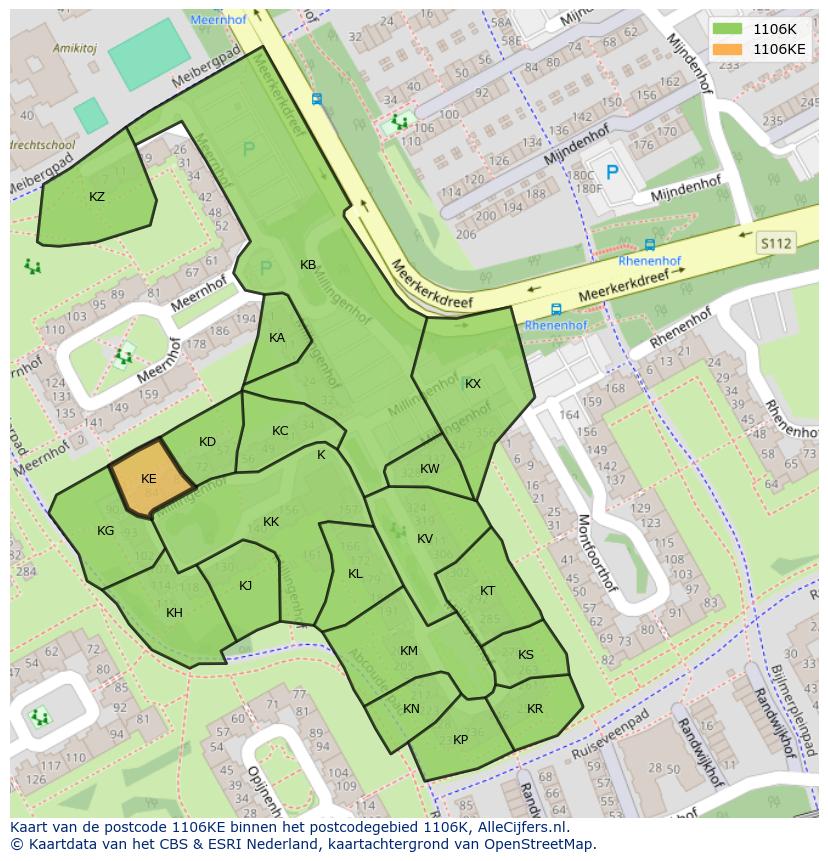 Afbeelding van het postcodegebied 1106 KE op de kaart.