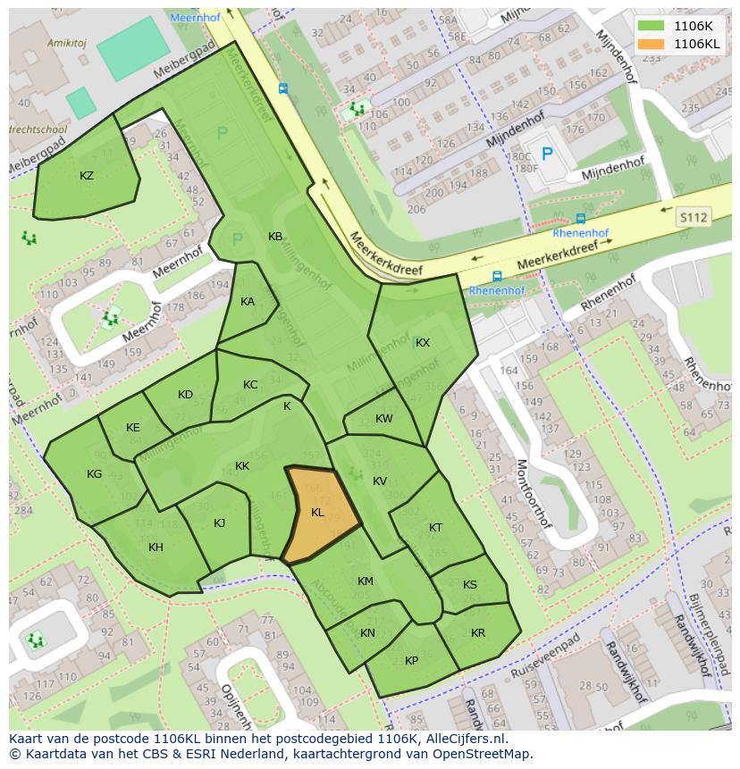 Afbeelding van het postcodegebied 1106 KL op de kaart.