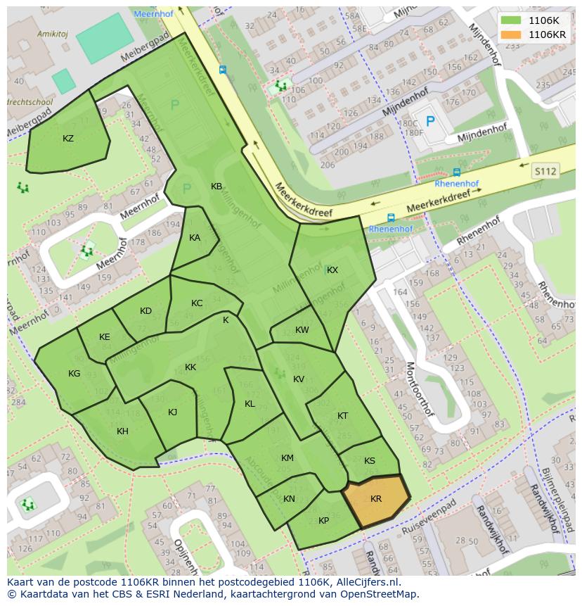 Afbeelding van het postcodegebied 1106 KR op de kaart.