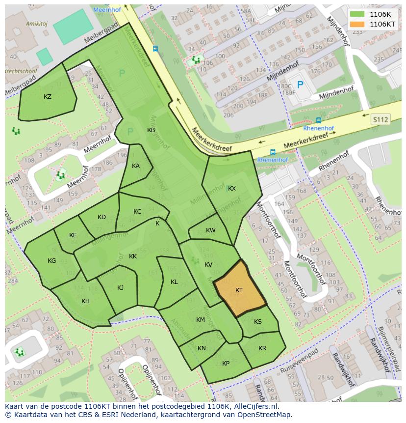 Afbeelding van het postcodegebied 1106 KT op de kaart.