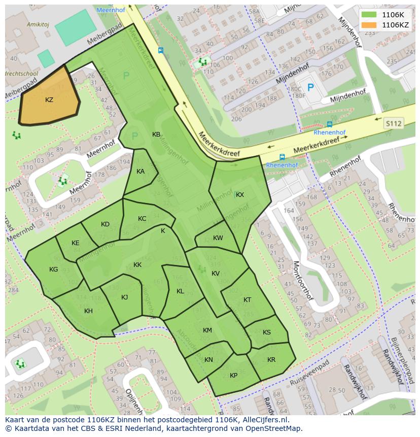 Afbeelding van het postcodegebied 1106 KZ op de kaart.