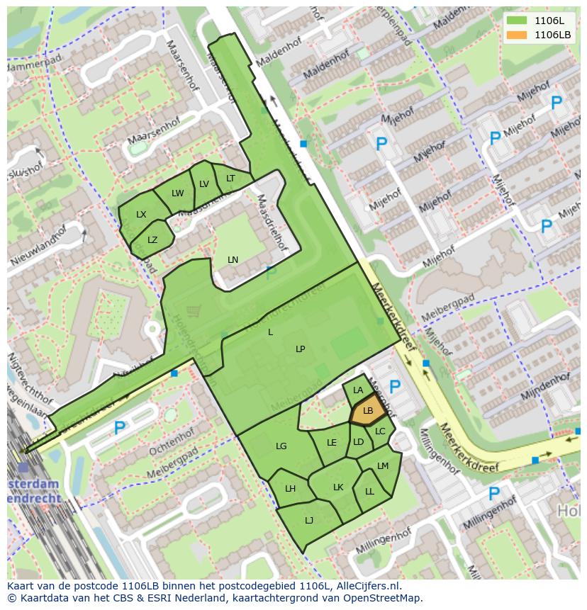 Afbeelding van het postcodegebied 1106 LB op de kaart.