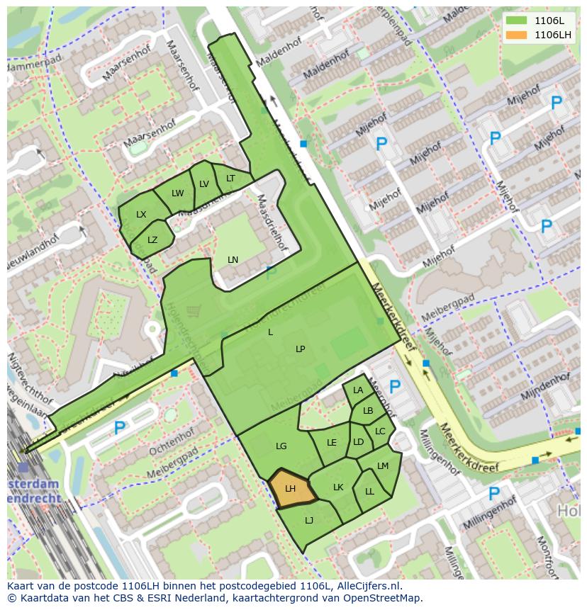 Afbeelding van het postcodegebied 1106 LH op de kaart.