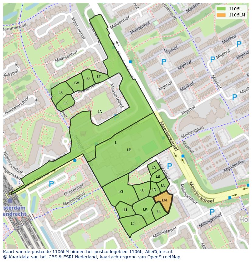 Afbeelding van het postcodegebied 1106 LM op de kaart.