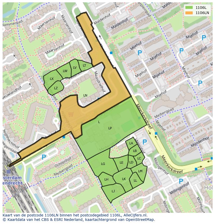 Afbeelding van het postcodegebied 1106 LN op de kaart.
