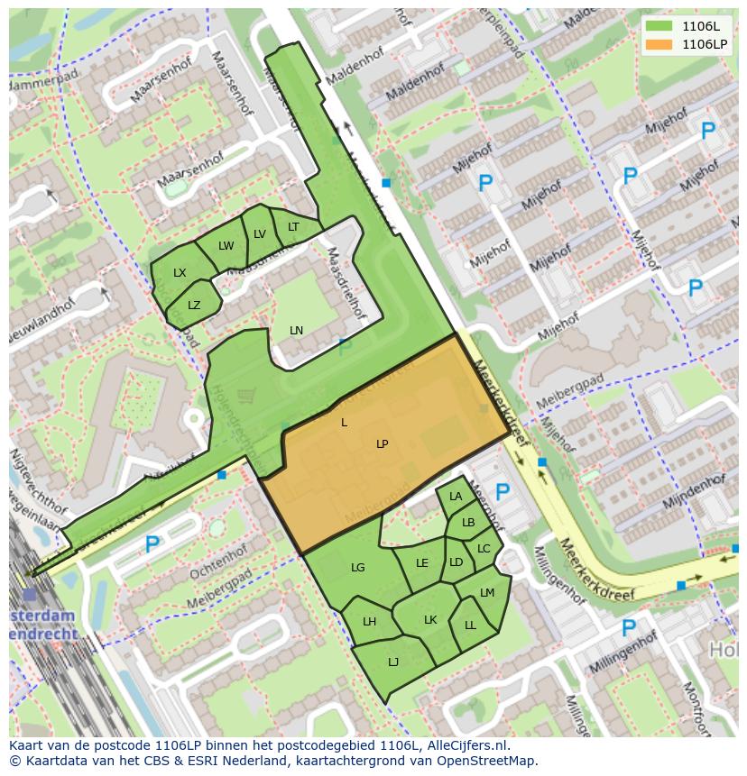 Afbeelding van het postcodegebied 1106 LP op de kaart.