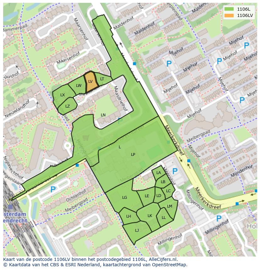 Afbeelding van het postcodegebied 1106 LV op de kaart.