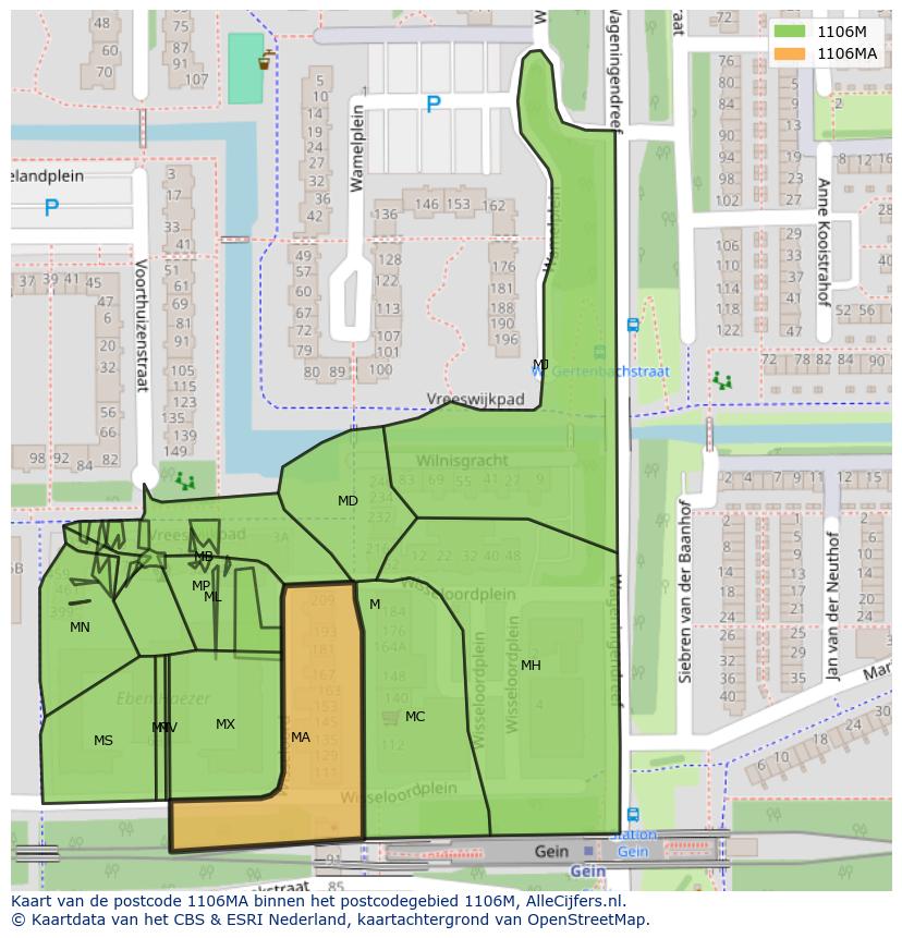 Afbeelding van het postcodegebied 1106 MA op de kaart.