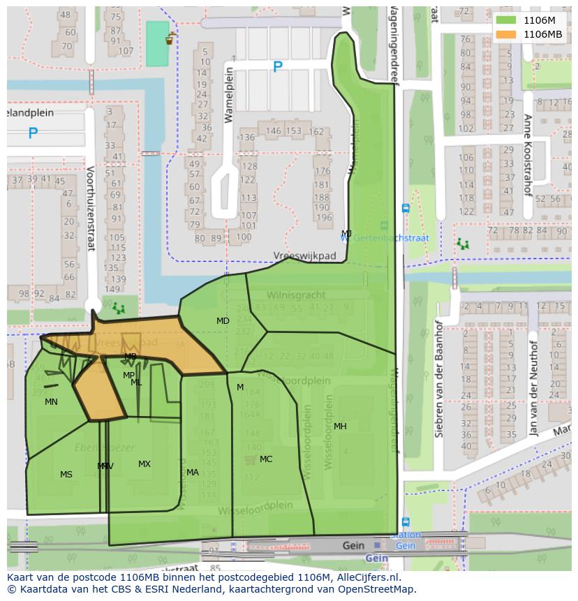 Afbeelding van het postcodegebied 1106 MB op de kaart.