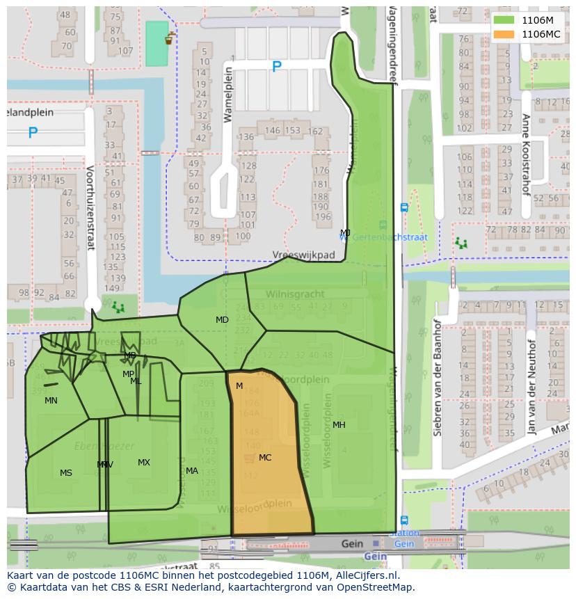 Afbeelding van het postcodegebied 1106 MC op de kaart.