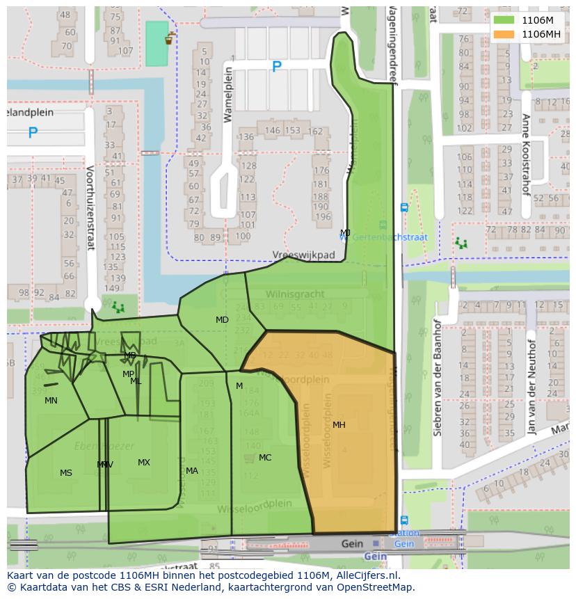 Afbeelding van het postcodegebied 1106 MH op de kaart.