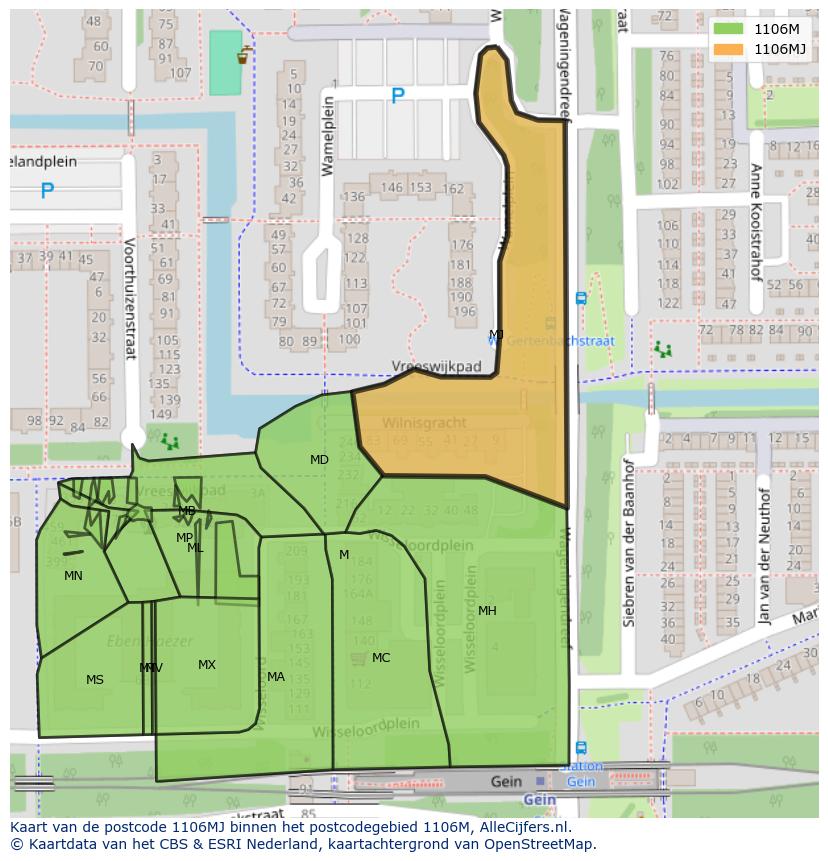 Afbeelding van het postcodegebied 1106 MJ op de kaart.
