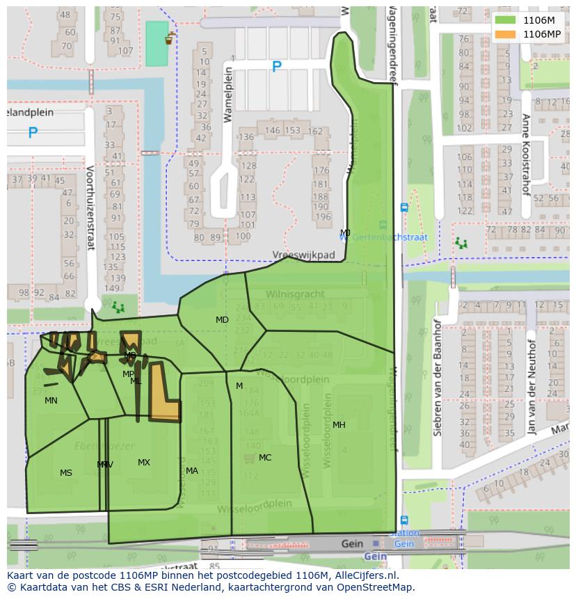 Afbeelding van het postcodegebied 1106 MP op de kaart.