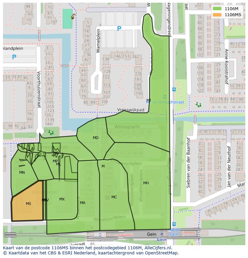 Afbeelding van het postcodegebied 1106 MS op de kaart.