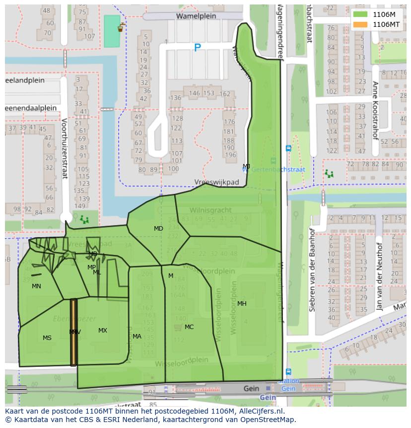 Afbeelding van het postcodegebied 1106 MT op de kaart.
