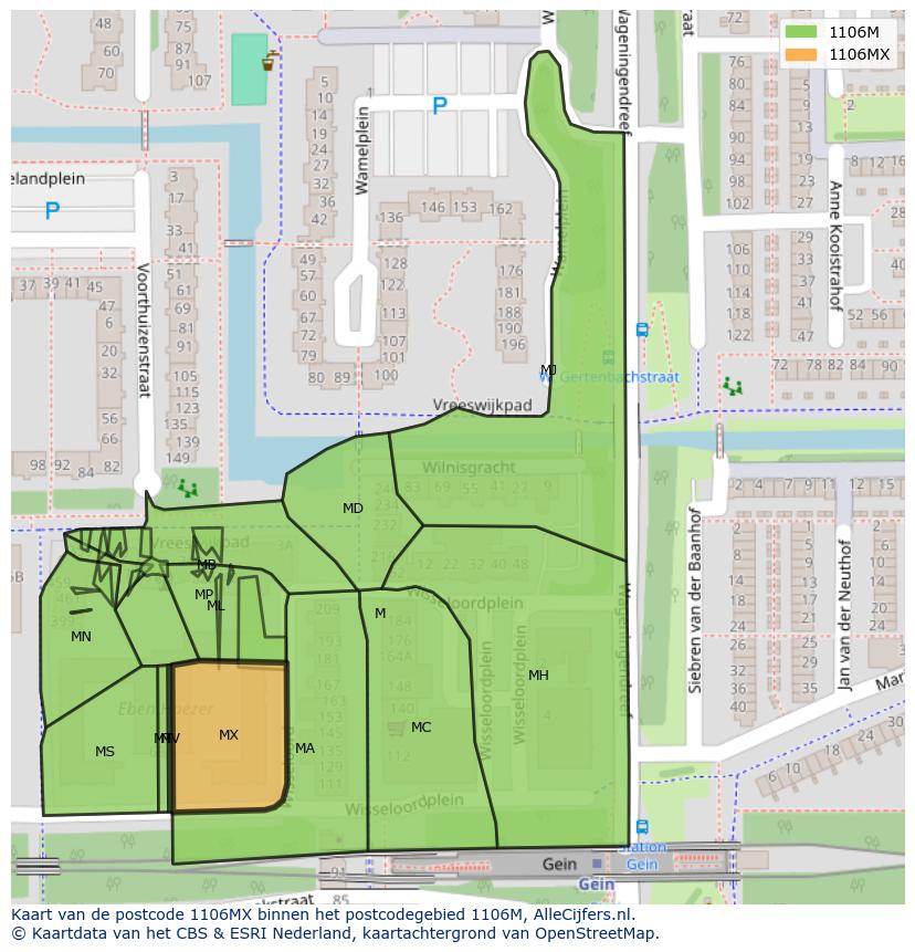 Afbeelding van het postcodegebied 1106 MX op de kaart.