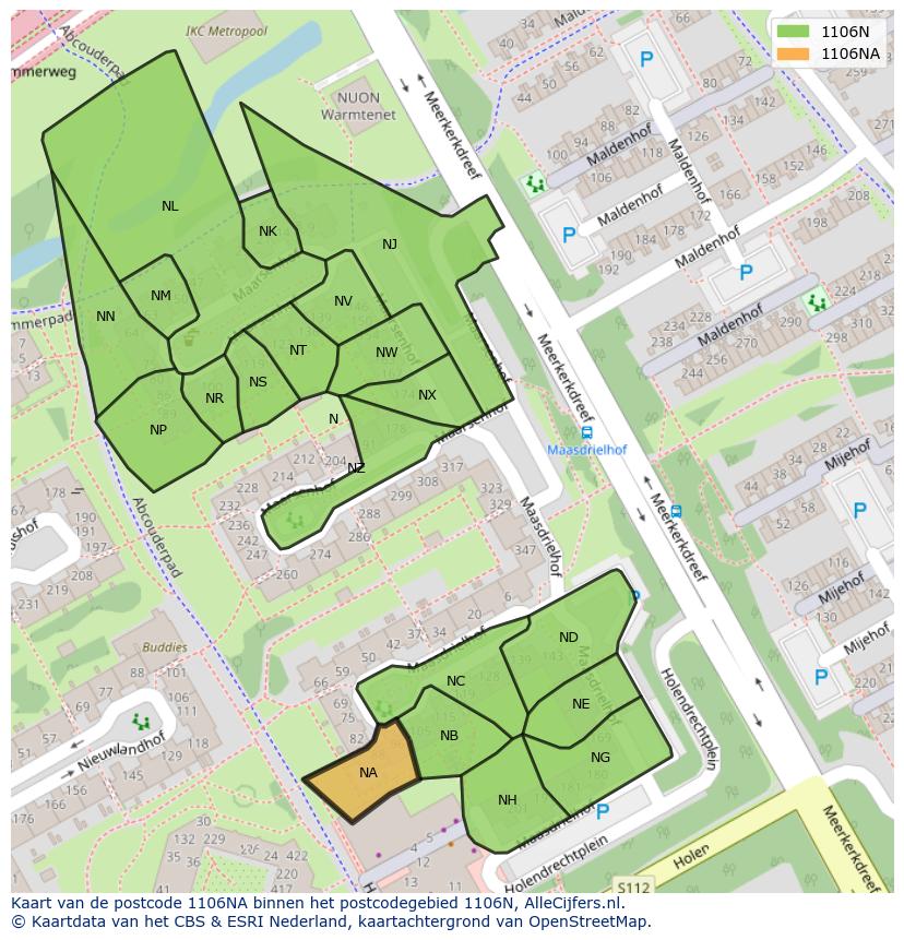 Afbeelding van het postcodegebied 1106 NA op de kaart.