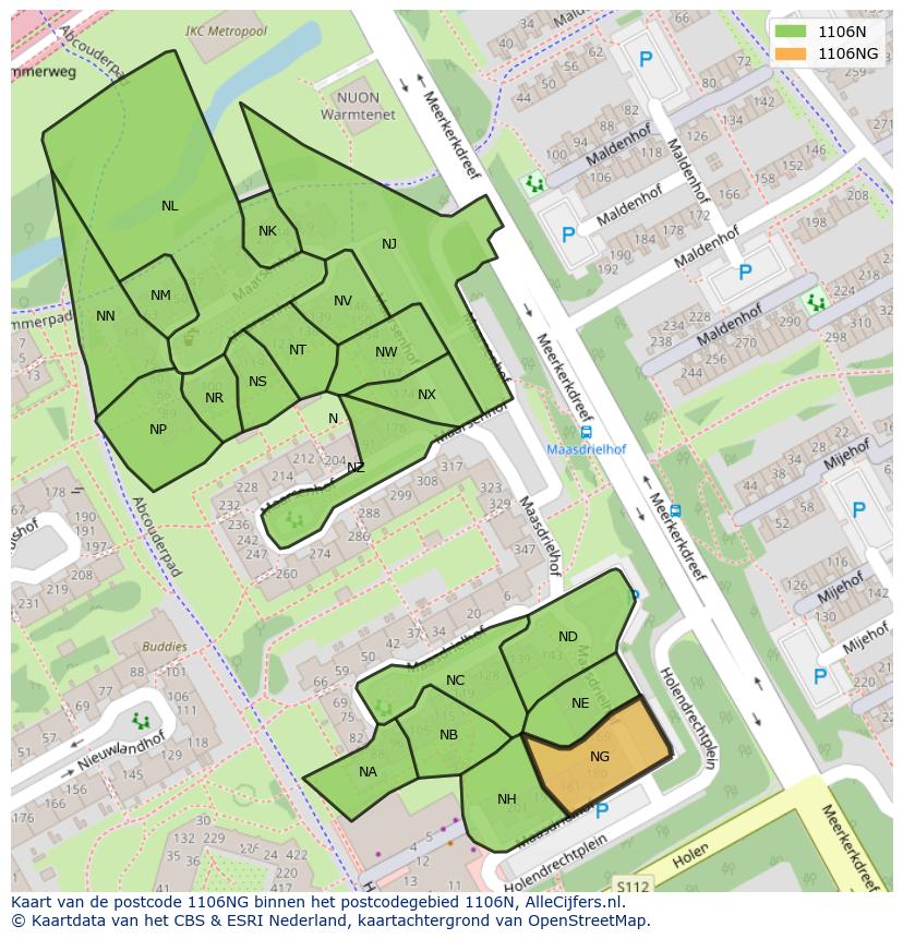 Afbeelding van het postcodegebied 1106 NG op de kaart.