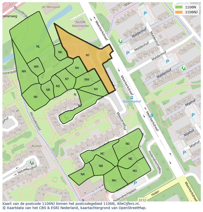 Afbeelding van het postcodegebied 1106 NJ op de kaart.