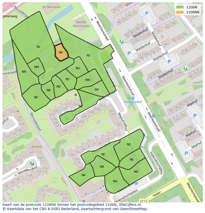 Afbeelding van het postcodegebied 1106 NK op de kaart.