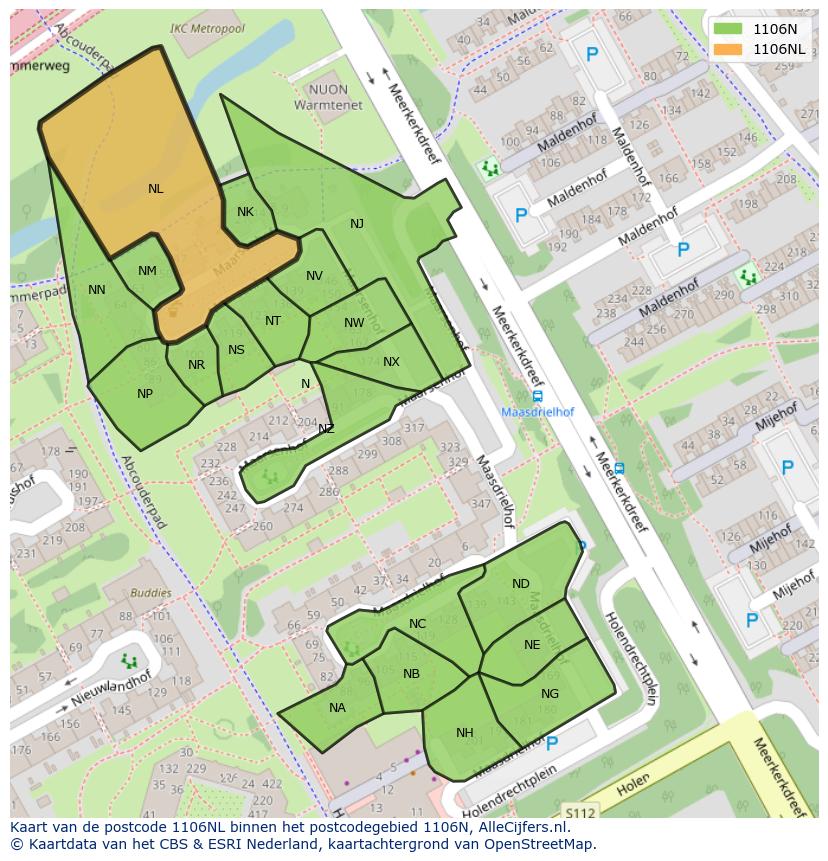 Afbeelding van het postcodegebied 1106 NL op de kaart.