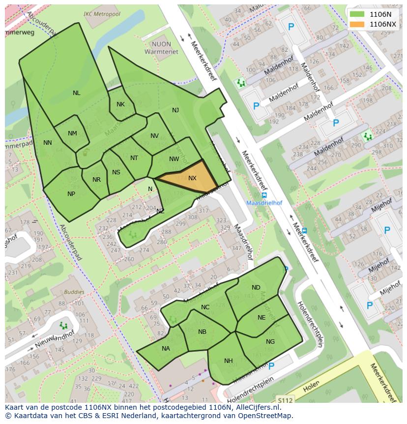 Afbeelding van het postcodegebied 1106 NX op de kaart.