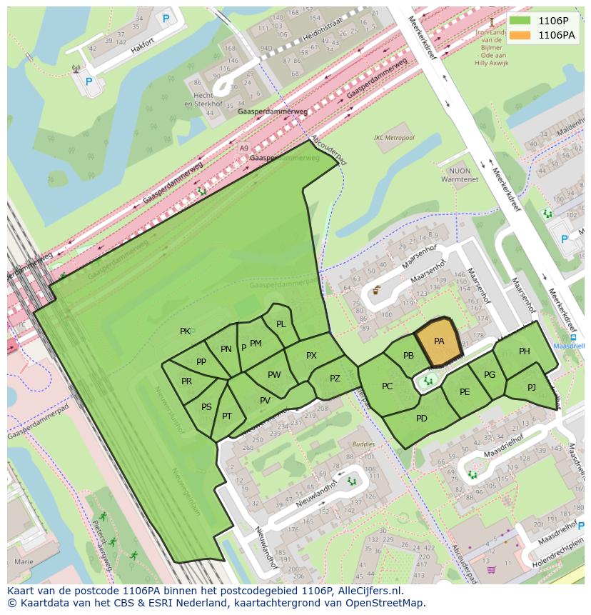 Afbeelding van het postcodegebied 1106 PA op de kaart.