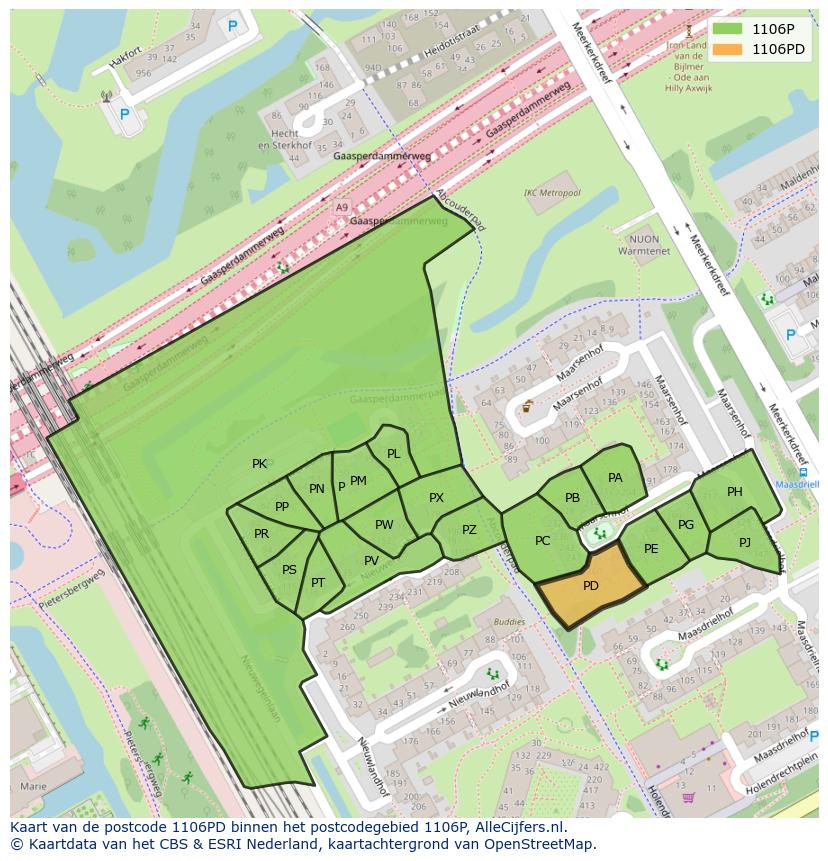 Afbeelding van het postcodegebied 1106 PD op de kaart.