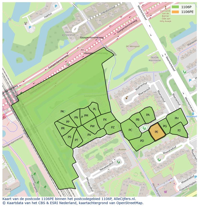 Afbeelding van het postcodegebied 1106 PE op de kaart.