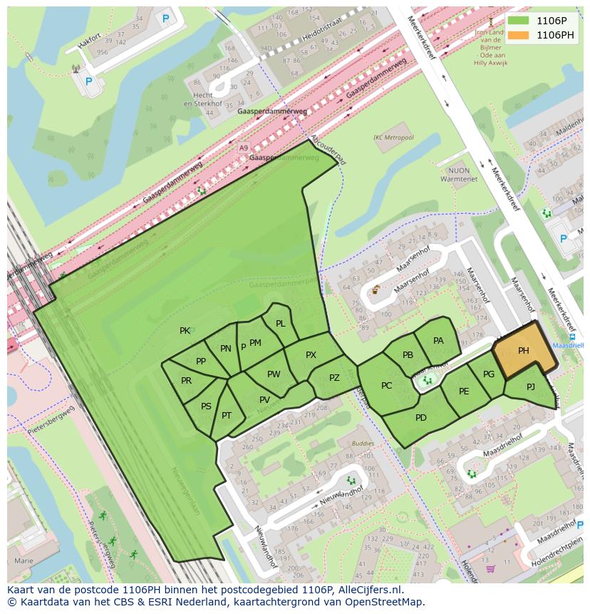 Afbeelding van het postcodegebied 1106 PH op de kaart.