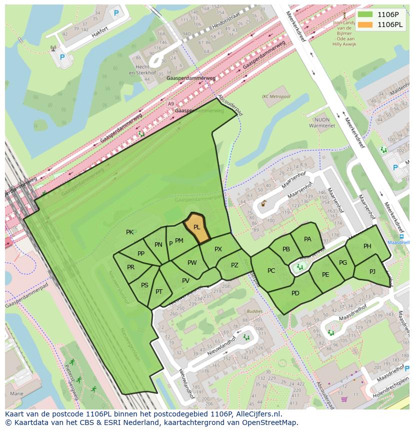 Afbeelding van het postcodegebied 1106 PL op de kaart.