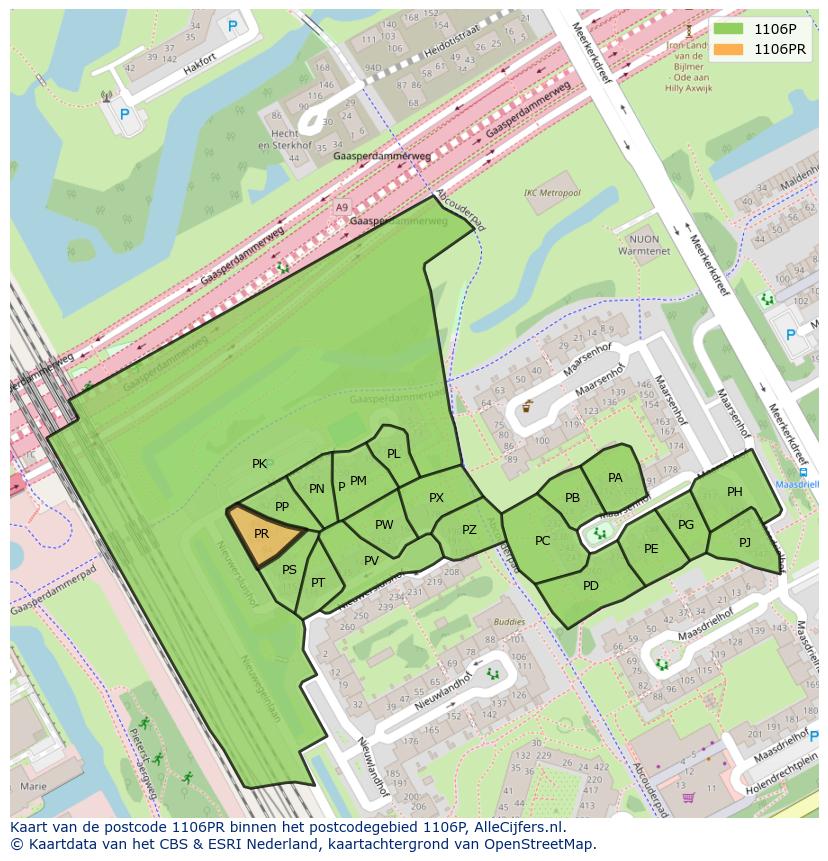 Afbeelding van het postcodegebied 1106 PR op de kaart.