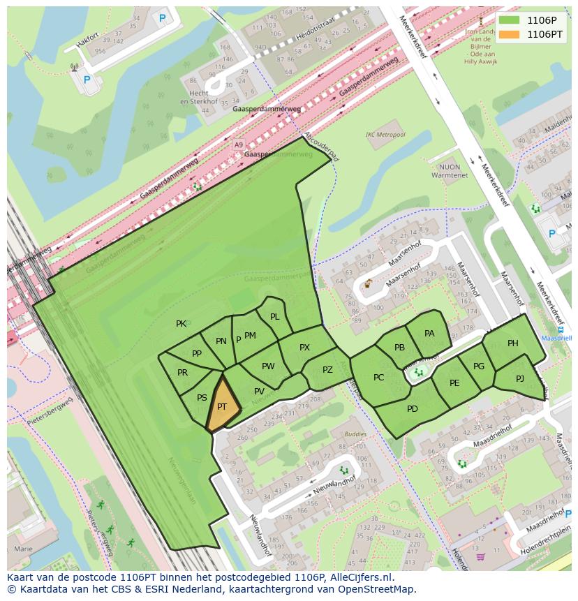 Afbeelding van het postcodegebied 1106 PT op de kaart.