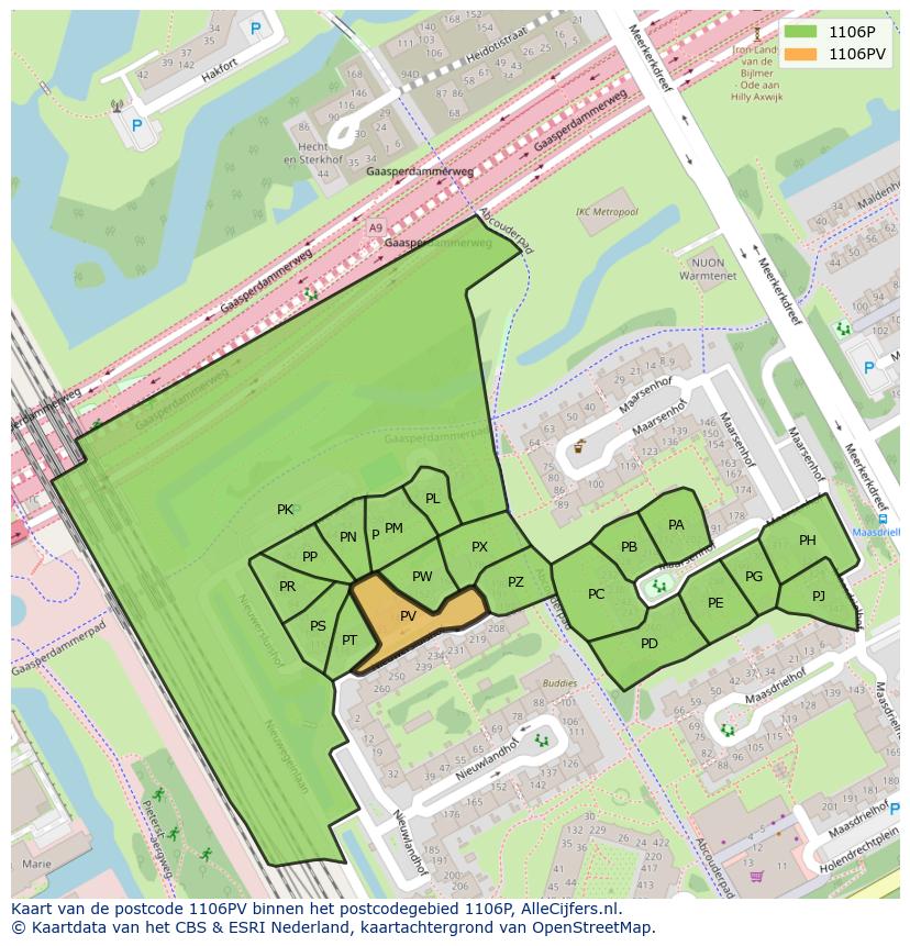 Afbeelding van het postcodegebied 1106 PV op de kaart.