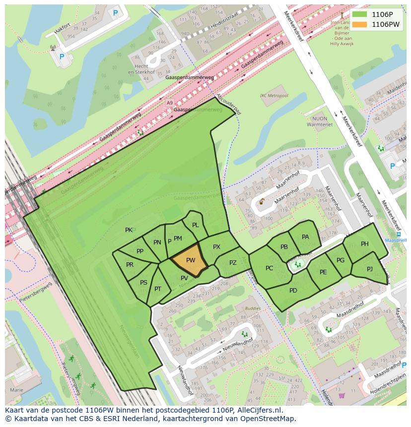 Afbeelding van het postcodegebied 1106 PW op de kaart.