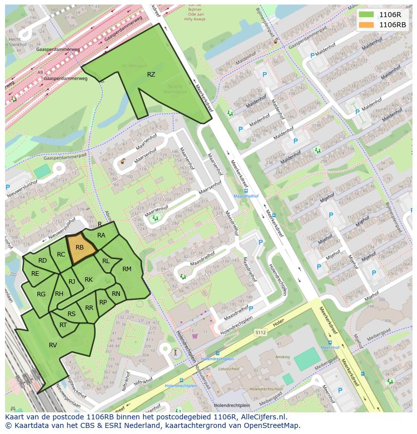 Afbeelding van het postcodegebied 1106 RB op de kaart.