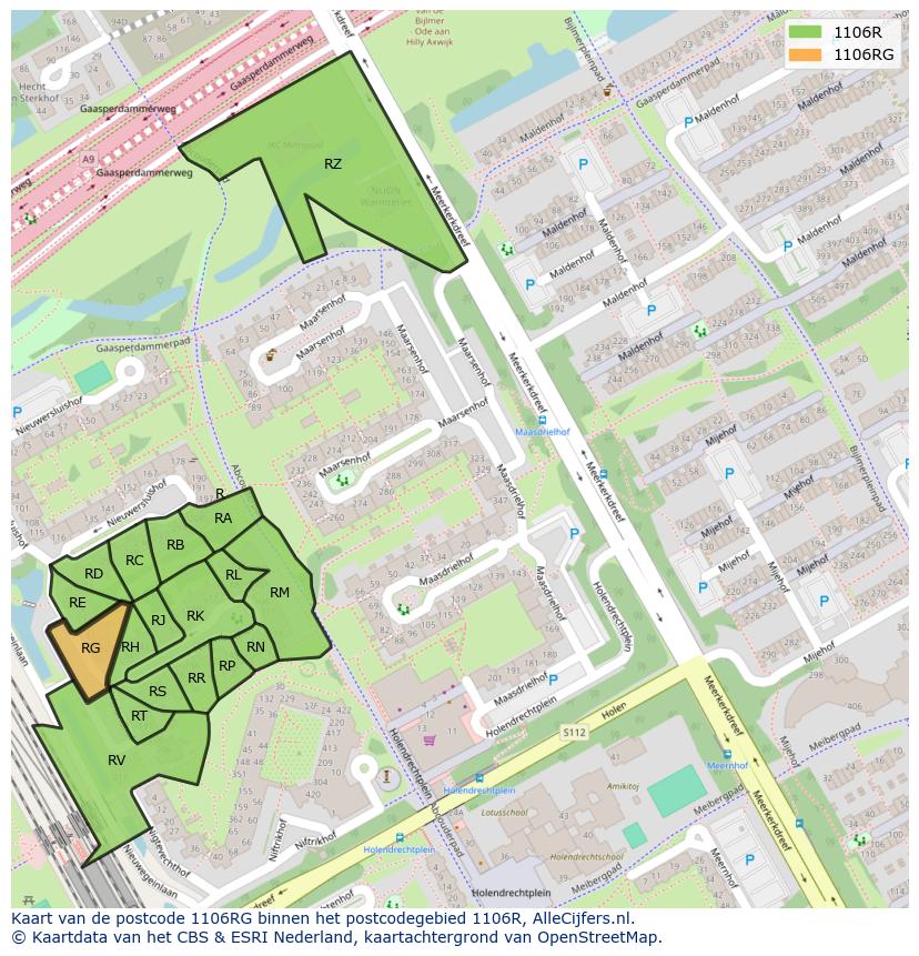 Afbeelding van het postcodegebied 1106 RG op de kaart.