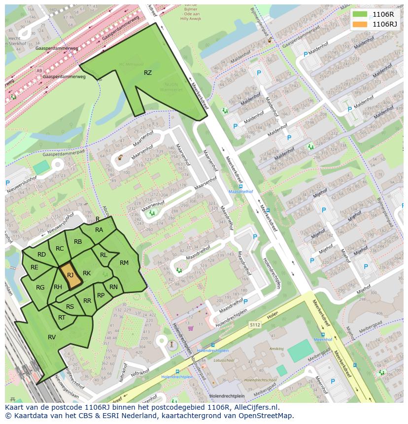 Afbeelding van het postcodegebied 1106 RJ op de kaart.