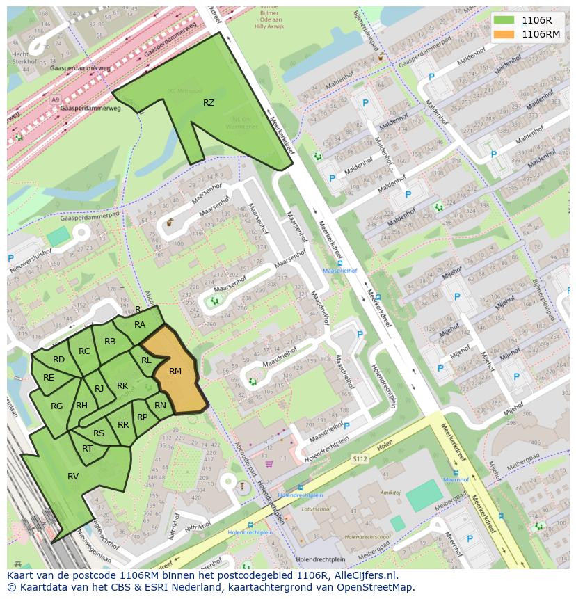 Afbeelding van het postcodegebied 1106 RM op de kaart.