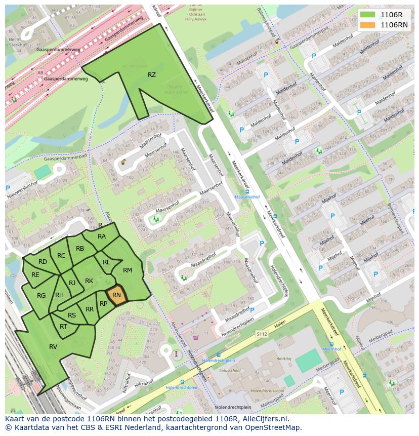 Afbeelding van het postcodegebied 1106 RN op de kaart.