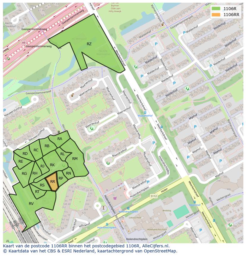 Afbeelding van het postcodegebied 1106 RR op de kaart.