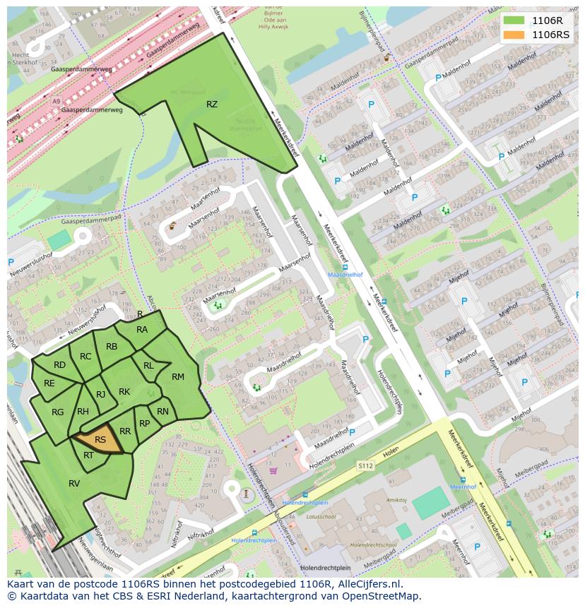 Afbeelding van het postcodegebied 1106 RS op de kaart.